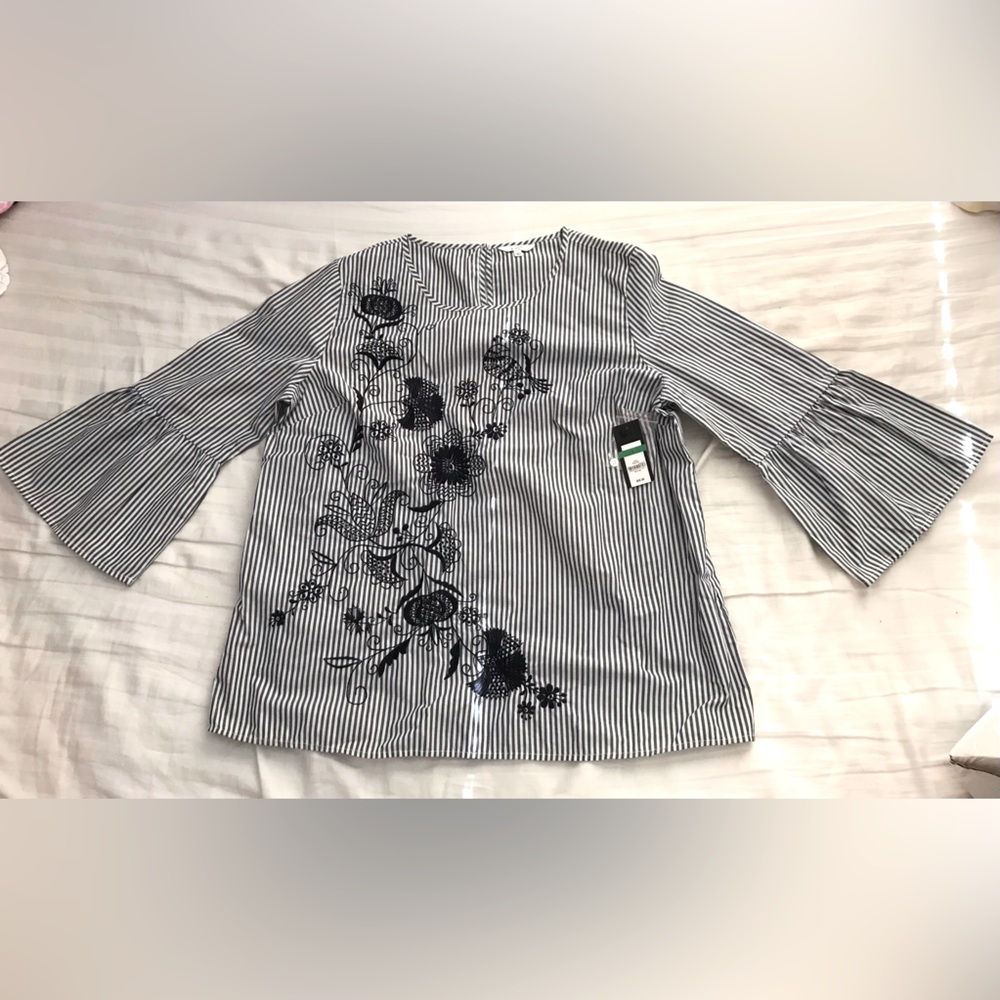 Crown and Ivy embroidered grey and white striped long sleeved blouse NWT
